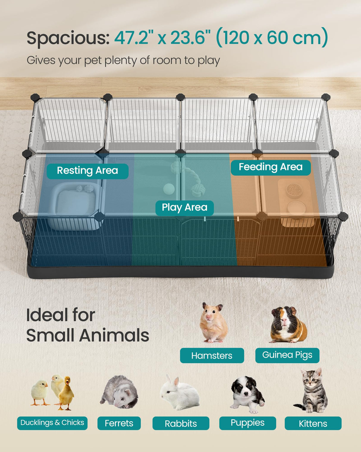 SONGMICS Guinea Pig Cage, Rabbit Cage, Small Animal Playpen with Waterproof Mat, Top and Side Door, 20 Panels, 48.4 x 24.8 x 16.3 Inches, Ink Black ULPI011BH01