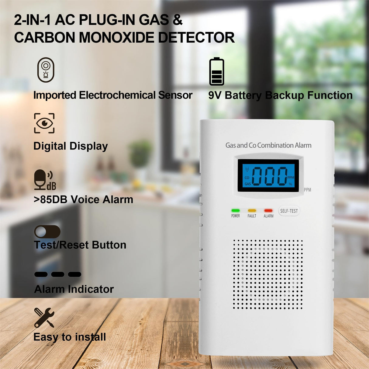 2 Pack Combination Gas & Carbon Monoxide Detectors - Plug in CO Alarm & Natural Gas Detector with Digital Display, CO Detector & Combustible Gas Detector for Home, Easy to Read