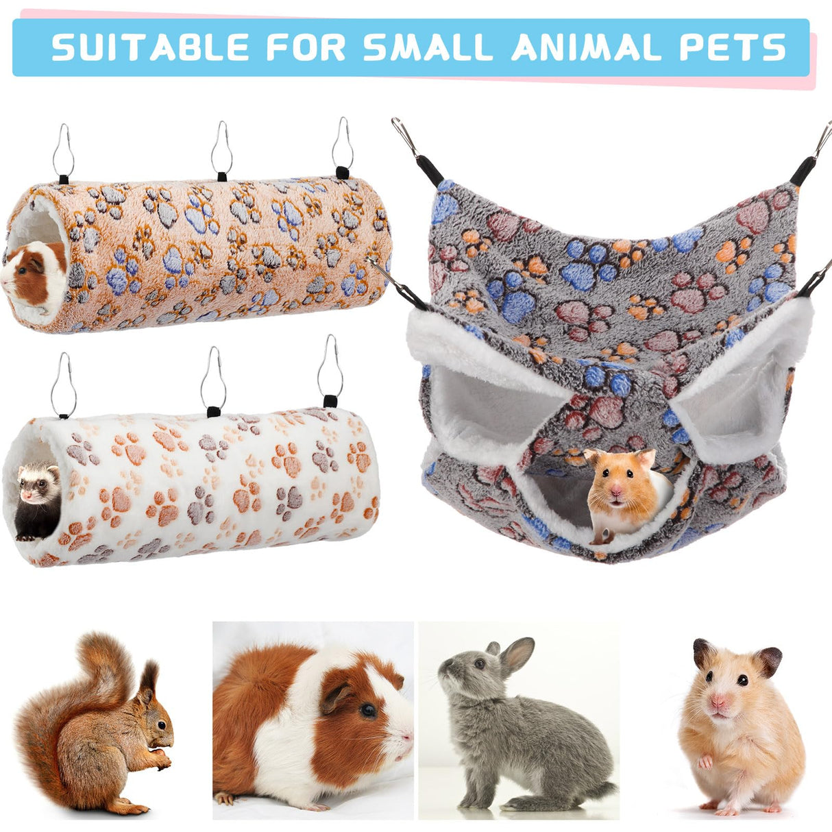 Abbylike 9 Pieces Rat Hammock 3 Tier Guinea Pig Ferret Hammocks Small Pet Hanging Tunnel Glider Toy Guinea Pig Ferret Hideout Bed Cage Accessories for Hamster(Light Brown, White, Black,Paw)