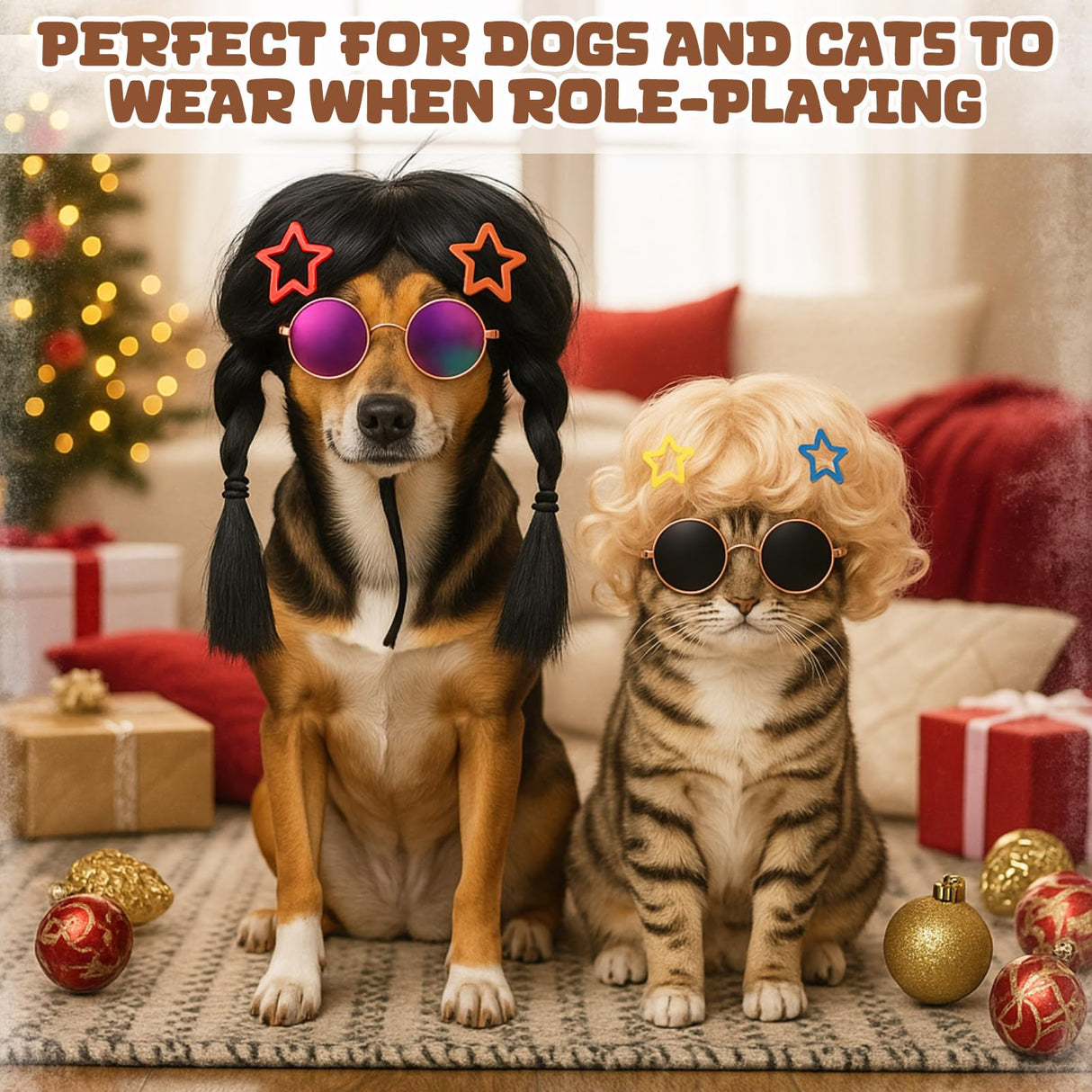 FineCheer 6 Pcs Funny Dog Wig for Cat and Dog Role Playing Wigs with Hairpin Glasses and Adjustable Elastic Band Pet Wigs and Pet Costumes for Small, Medium & Large Pets Accessories(Classic)