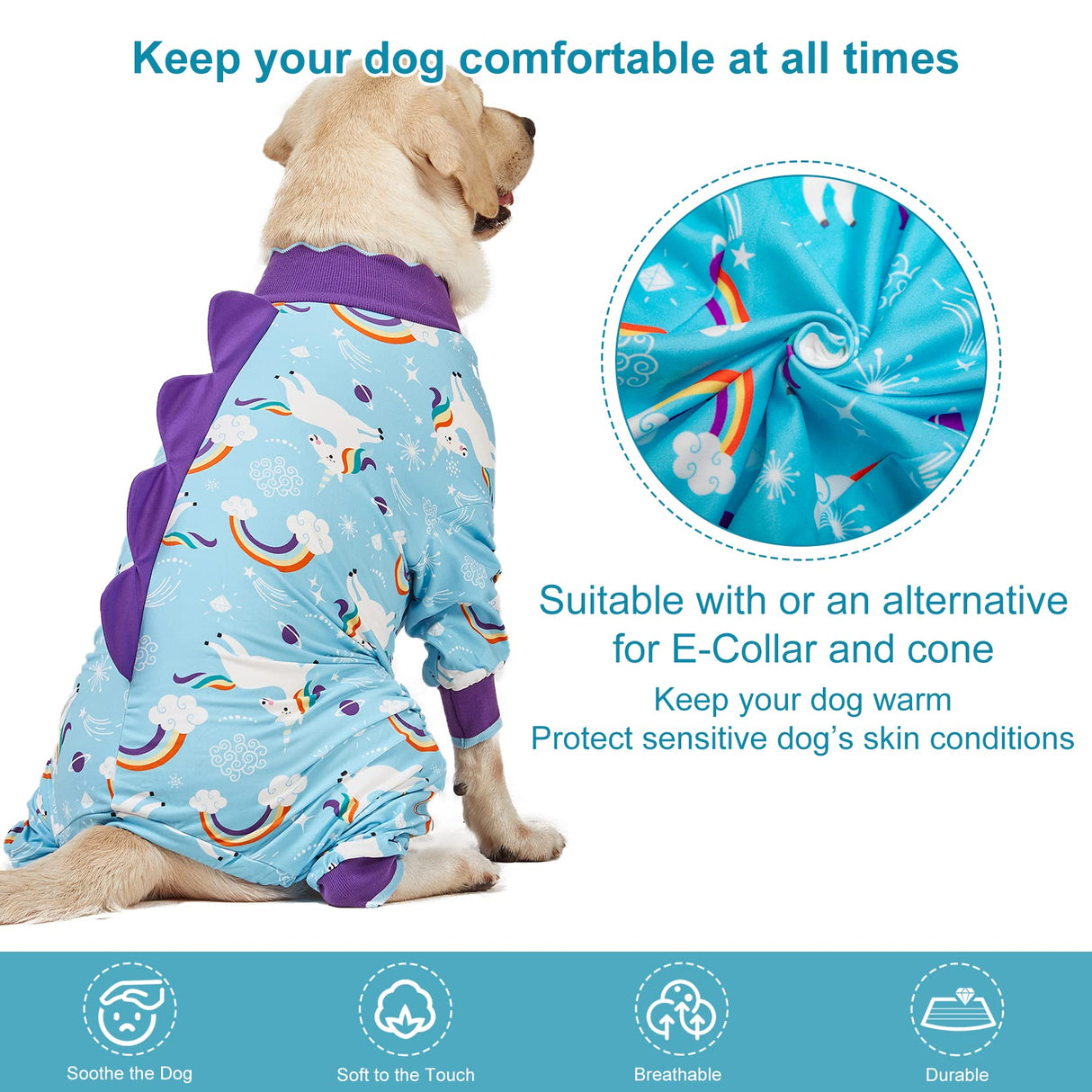 LovinPet Pet Clothes Large Dog, Anti Licking Dog Recovery Clothes, Lightweight Onesie, Starlight Rainbow/Wild Horse Prints American Bully Pajamas, UV Protection, Adorable pet PJ's/Large