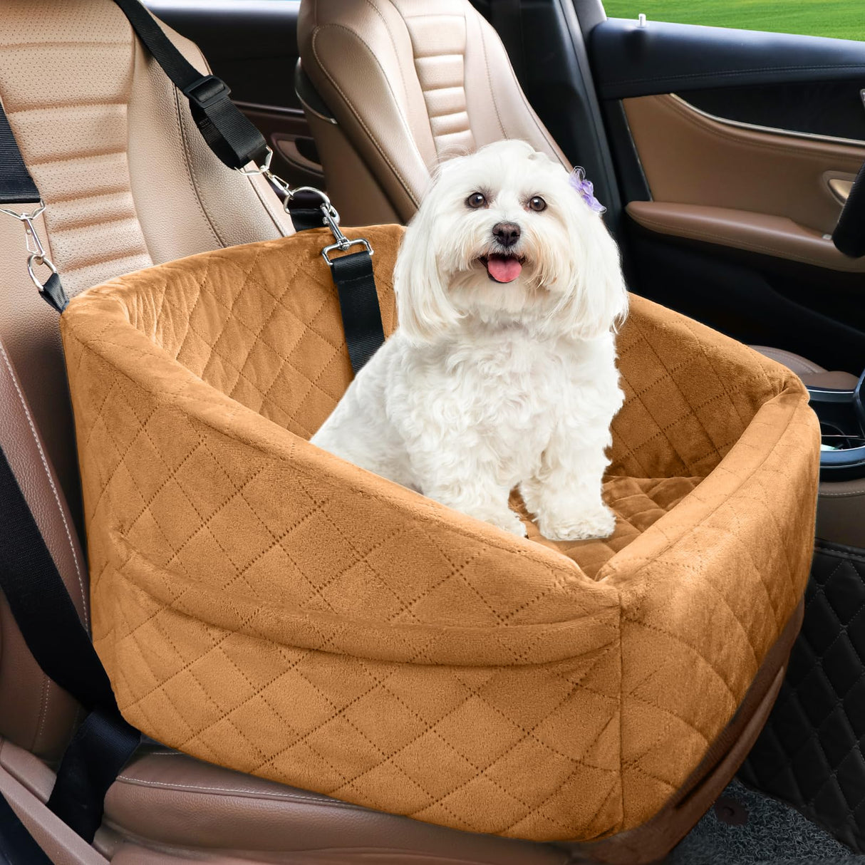NEEZUKAR Dog Car Seat for Small Medium Dogs,Detachable Washable Dog Booster Seat Under 30lbs,Pet Car Seat Travel Bed with Storage Pockets and Dog Safety Belt(Brown