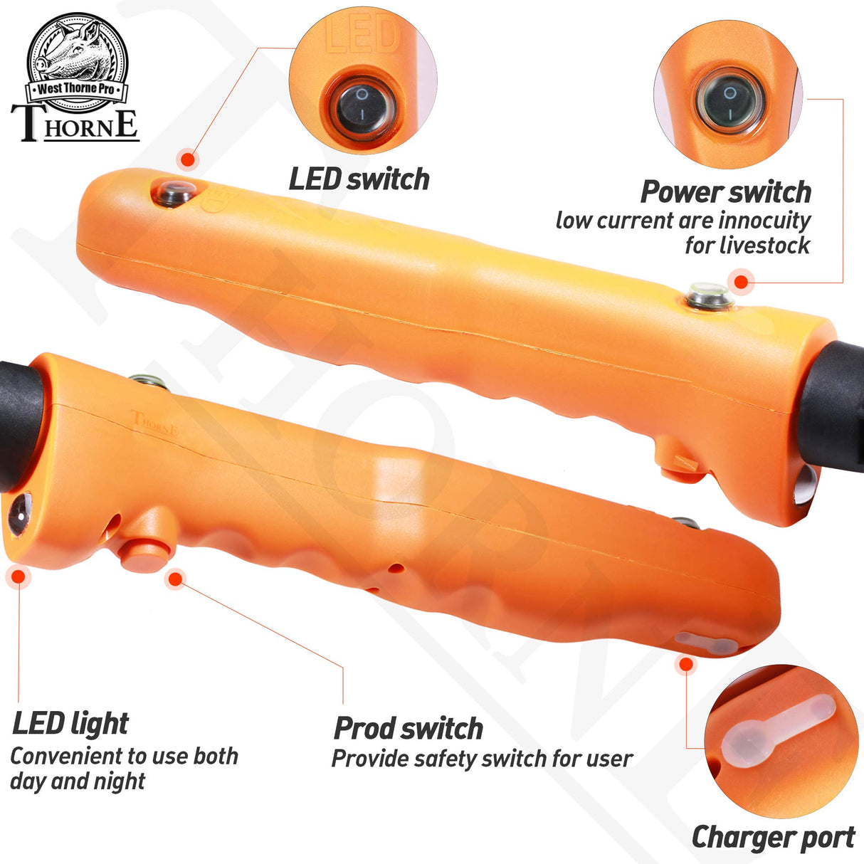 West Thorne Pro Livestock Prod, Newest Waterproof Cattle Prod Stick with LED Light,Rechargeable Electric Livestock Prod(33.8in)