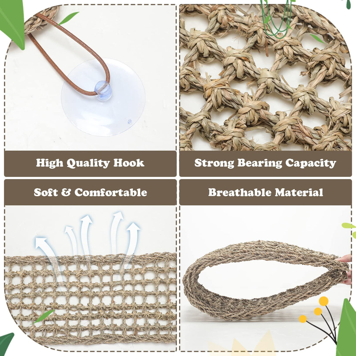 Silkfly 2 Pieces Bearded Dragon Hammock Lizard Reptile Climbing Lounger Seagrass Fiber Habitat Tank Accessories Jungle Toys for Hermit Crab Gecko Snake Iguana Amphibian