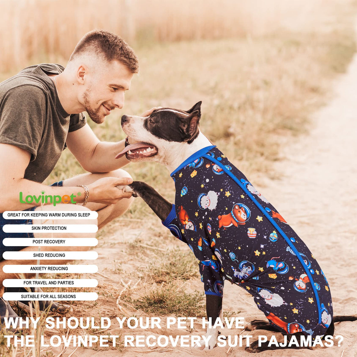 LovinPet Large Big Dog Pajamas - Anxiety Calming Dog Onesie, Pet Pajamas for Dogs, Lightweight Stretchy 4 Legged Style Large Dog Jammies, Space Animals Black Print, Pet Pjs,Black XL