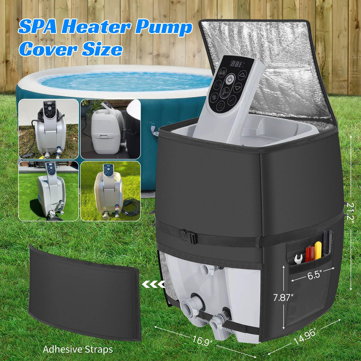 Hot Tub Spa Heater Pump Cover,Waterproof 600D Oxford Fabric Aluminum Film Insulated Cover,Inflatable Hot Tub Spa Heater Pump,Easy Installation with Zipper and Adhesive Straps,Black,Square