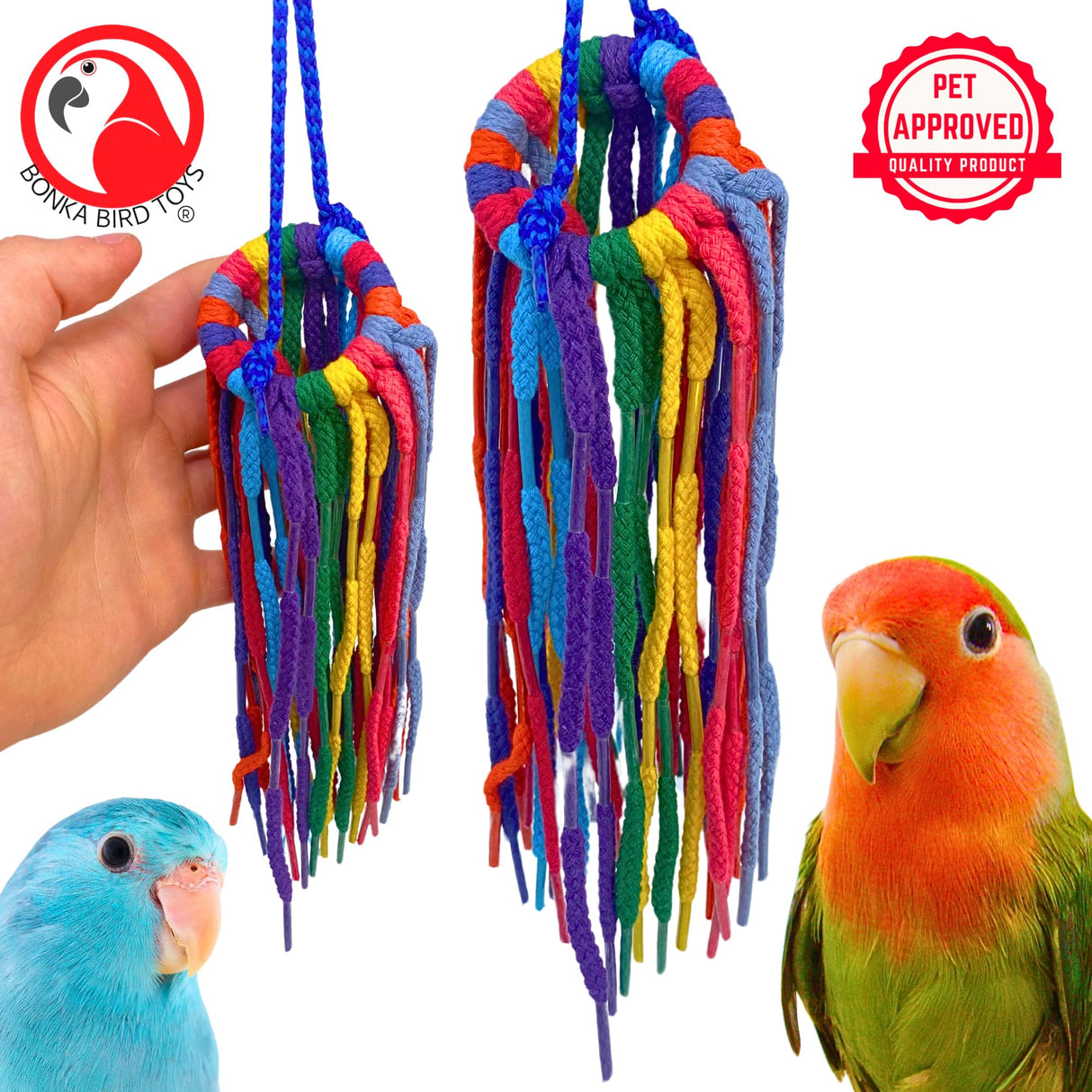 Bonka Bird Toys 51214 Small Aglet Heaven Cotton Shoelace Toy with Plastic Aglets and 2" Ring for Parakeets Cockatiels Quakers Pionus Small Bird Enrichment