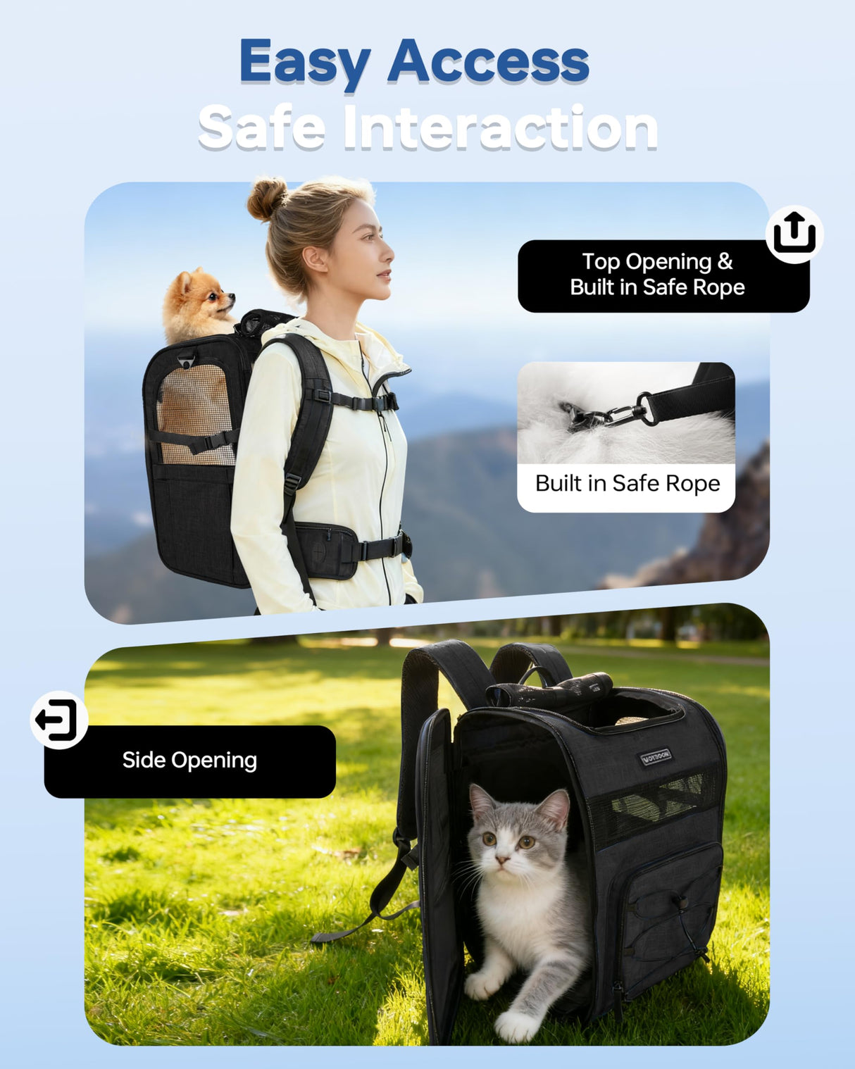 Hiking Dog Carrier Backpack, Adjustable Waist Cushioning Belt with Breathable Padded Back Support, Dog Carrier for Hiking with 5 Pockets, Dog Carrier Backpack for Small Dogs Max 13LB Black