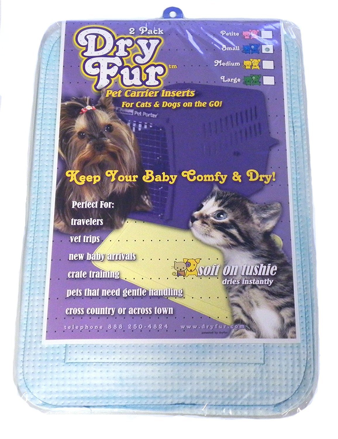 DryFur Pet Carrier Insert Pads size Small 19.5in x 12.5in Blue - 2 pack, Patented Design Locks in wetness keeps pet perfectly dry when traveling