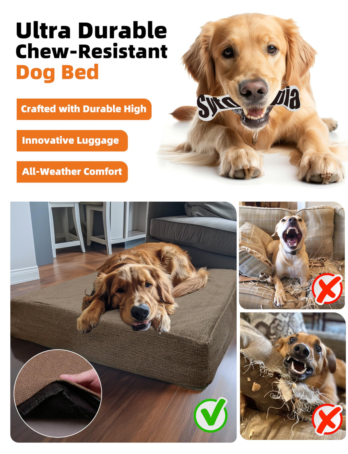 Sytopia Indestructible 50 Inch Orthopedic Waterproof Dog Crate Bed chew Proof for Extra Large Dogs, Removable Washable Cover, Egg Crate Foam Mat, Suitable for Dogs Up to 130 lbs, Brown