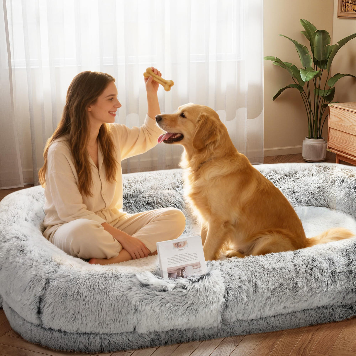 Murago Human Dog Bed for Adults, 75"x43"x10" Human Size Dog Bed, Orthopedic, Waterproof Removable Washable Cover, Soft Calming Lounger for People & Pets, Light Grey