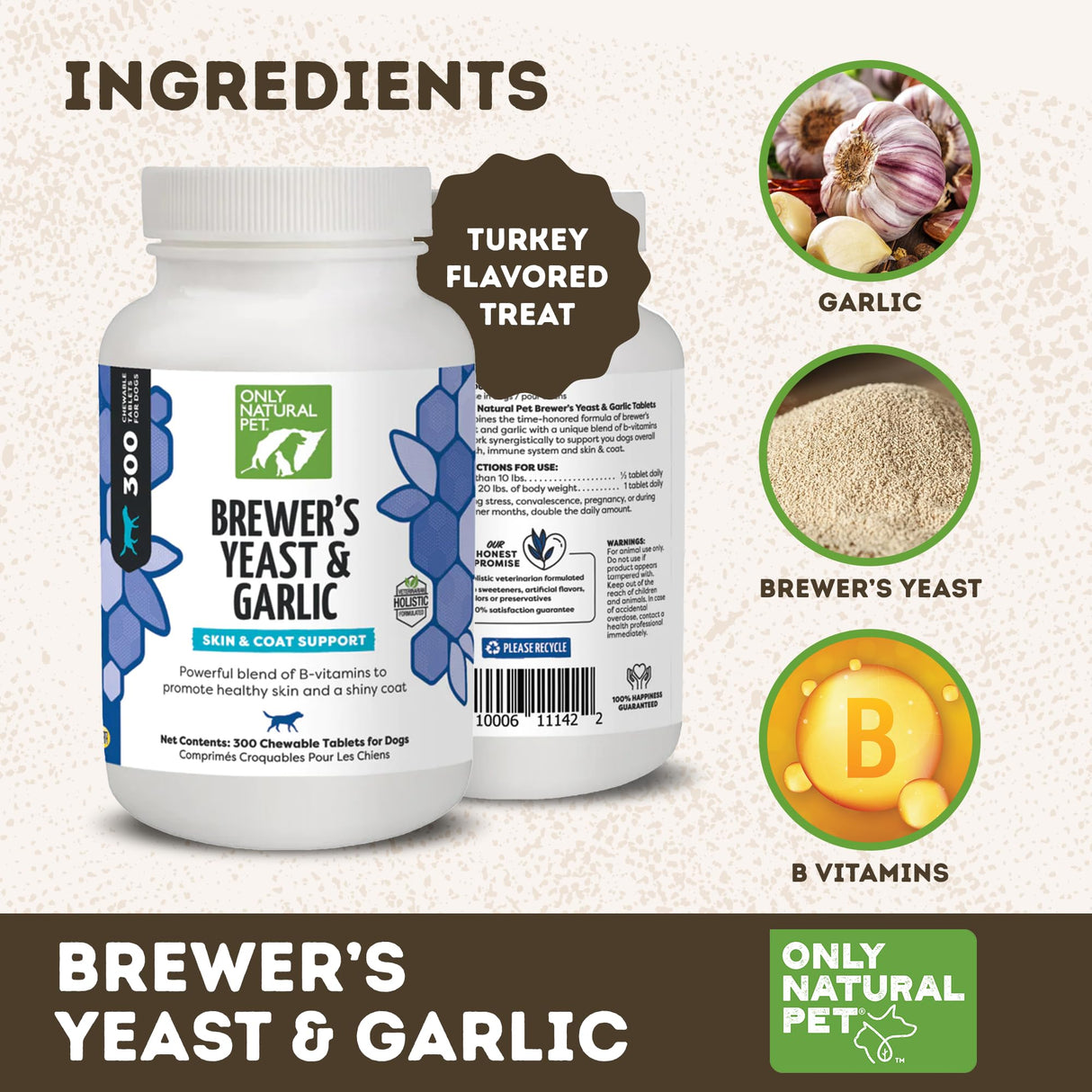Only Natural Pet Brewer's Yeast & Garlic Chewables - All-Natural Flea & Tick Prevention for Dogs - Fortified with B Vitamins - Promotes Healthy Skin & Coat - 300 Count Tablet