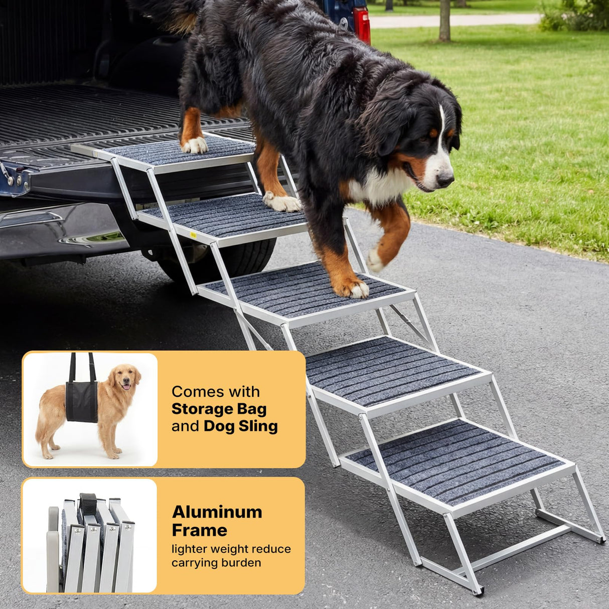 Veehoo Extra Wide Dog Steps for Car Truck SUV Foldable, 5 Steps Lightweight Aluminum Dog Stairs for Injured Senior Large Dogs 20" Wide, Folding Pet Ramp Ladder with Non Slip Surface, up to 170lbs