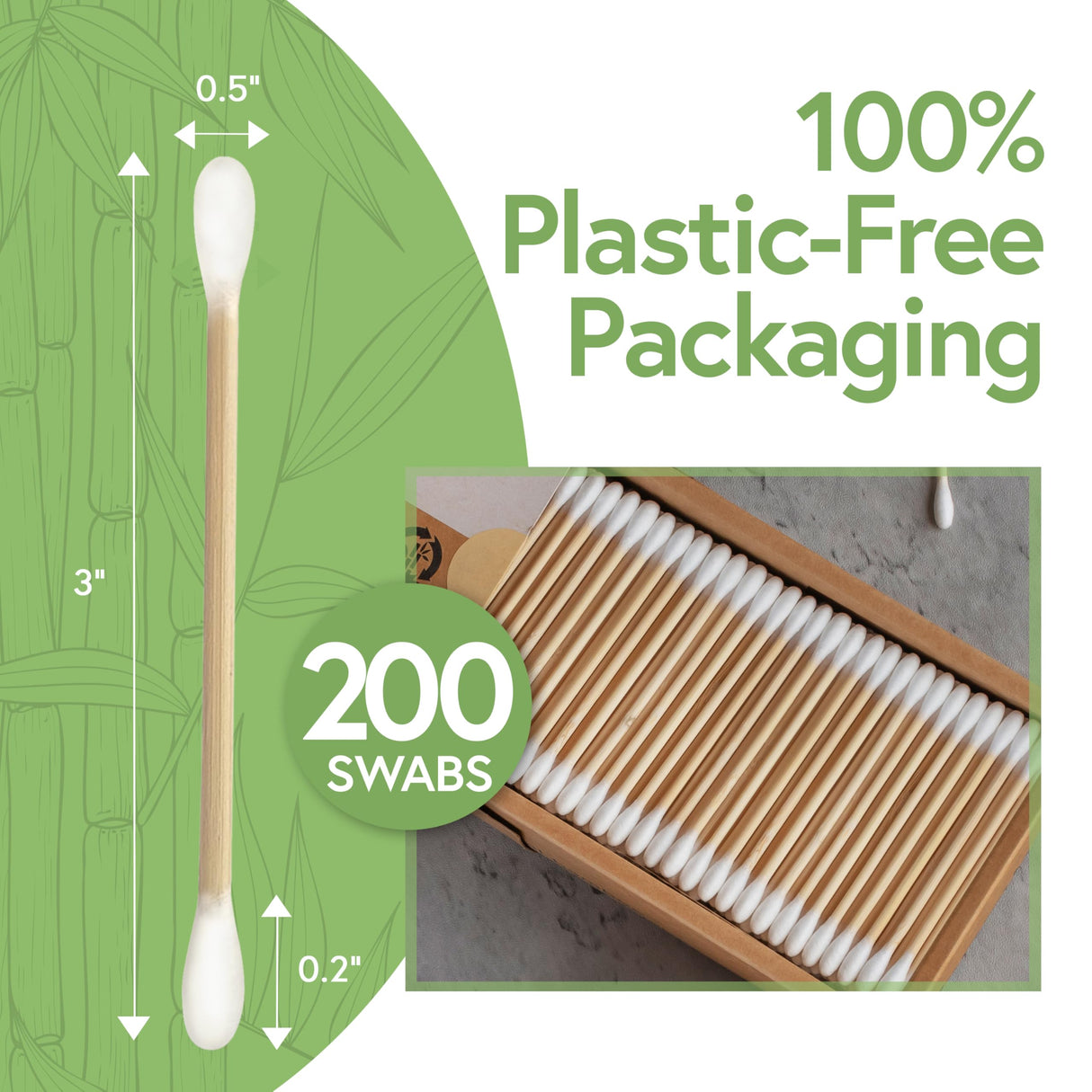 100% Bamboo Cotton Ear Swabs (200-Pack) | Double Tipped Ear Cotton Buds for Beauty & Personal Care | FSC Certified & Hypoallergenic | Suitable for All Ages & Pets | Biodegradable & Disposable