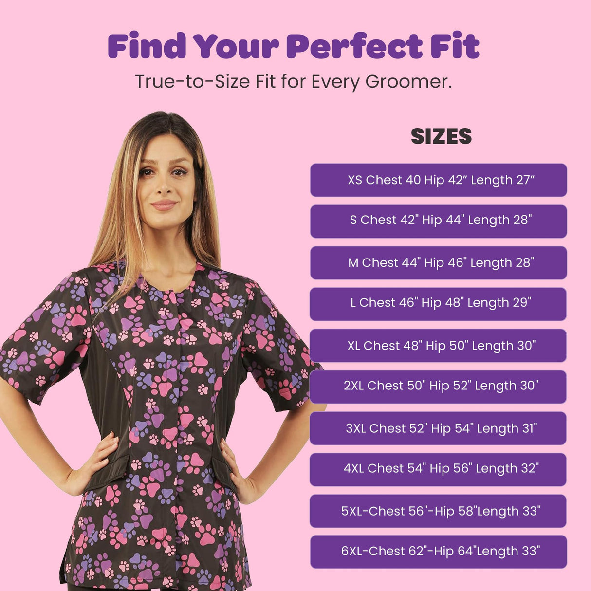 Ladybird Line 725 Pink and Purple Paw Print Waterproof Dog Grooming Smock, Hair and Bleach Resistant with Covered Zipper Panel, Solid Black Back, and Back Tie Belt - Ideal for Pet Groomers - L