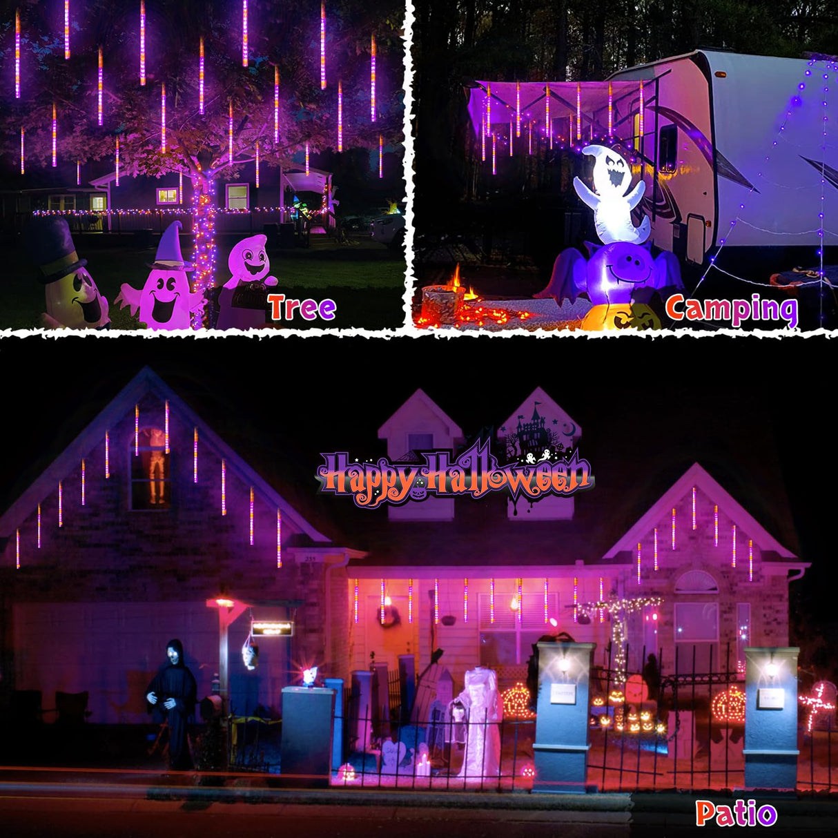 JMEXSUSS Orange and Purple Solar Halloween Lights Outdoor, 8 Tube 144 LEDs Solar Meteor Shower Rain Lights for Halloween Tree Yard Party Patio Christmas Decoration