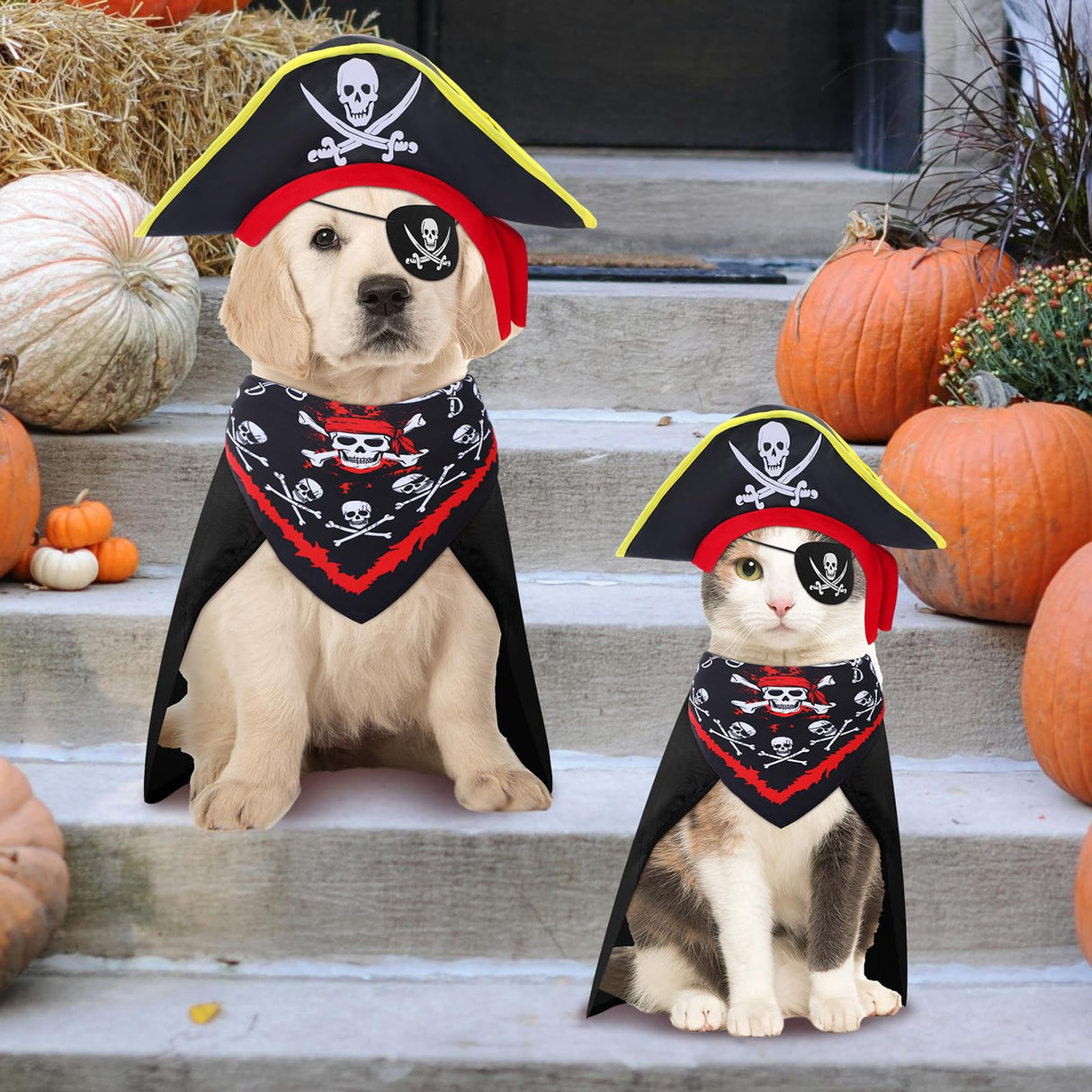 4 Pcs Dog Pirate Costume Set Dog Pirate Hat Pet Skull Triangle Bandana Puppy Cape and Eye Mask for Halloween Outfits Accessories