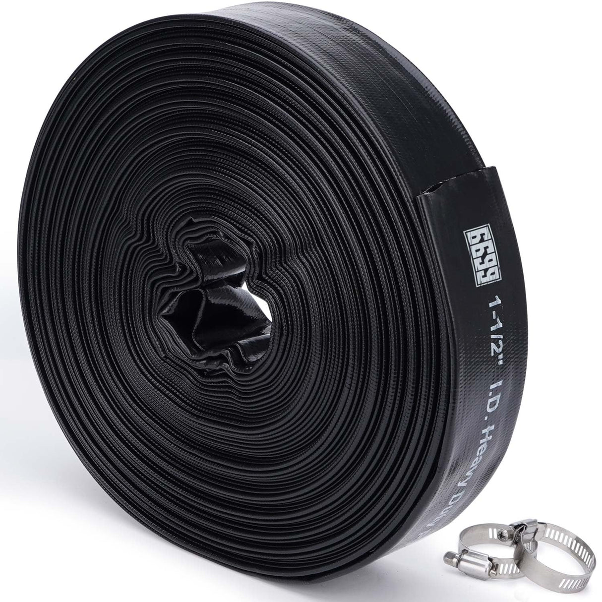6699 Discharge Hose 1-1/2-Inch by 100-Foot Sump Pump With 2pcs SUS 304 Clamps for Pool Backwash, Draining/Removing Water - Lay Flat 1500