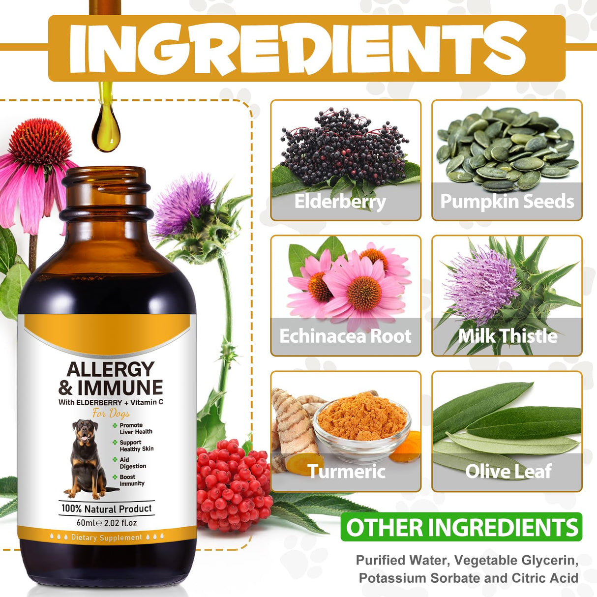 Allergy Relief Drops for Dogs,Allergy and Immune,Immune Support Supplement,Dog Supplement,Natural Pet Supplement for Dog Allergy Relief with Turmeric & Milk Thistle