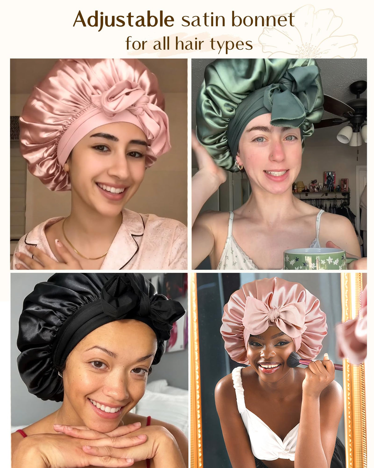 Adjustable Satin Bonnet for Sleeping Women Double Layer Hair Wrap Reduce Friction Prevent Frizz Natural Curly Hair, Blush Pink