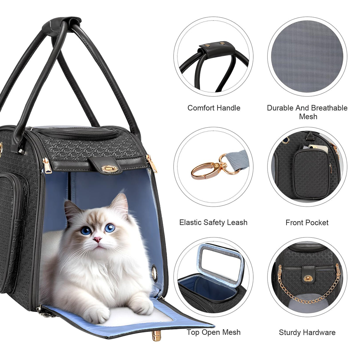 Stylish Luxury Dog Carrier Purse for Small Dogs, Ventilated Pet Soft-Sided Dog Cat Carrier Travel Tote Bag for Puppies Small Animals with Pockets (Black, 16.9inch x 9inch x 11.8inch(LxWxH))