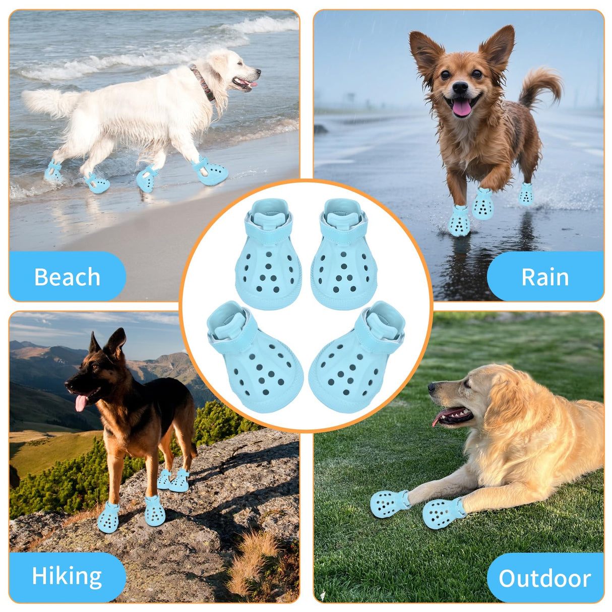 Dog Shoes, Dog Sandals for Hot Pavement, Water-Resistant Breathable Boots, Non-Slip Paw Protectors, Adjustable Straps Dog Rain Booties for Summer Beach and Rainy Day(Blue)