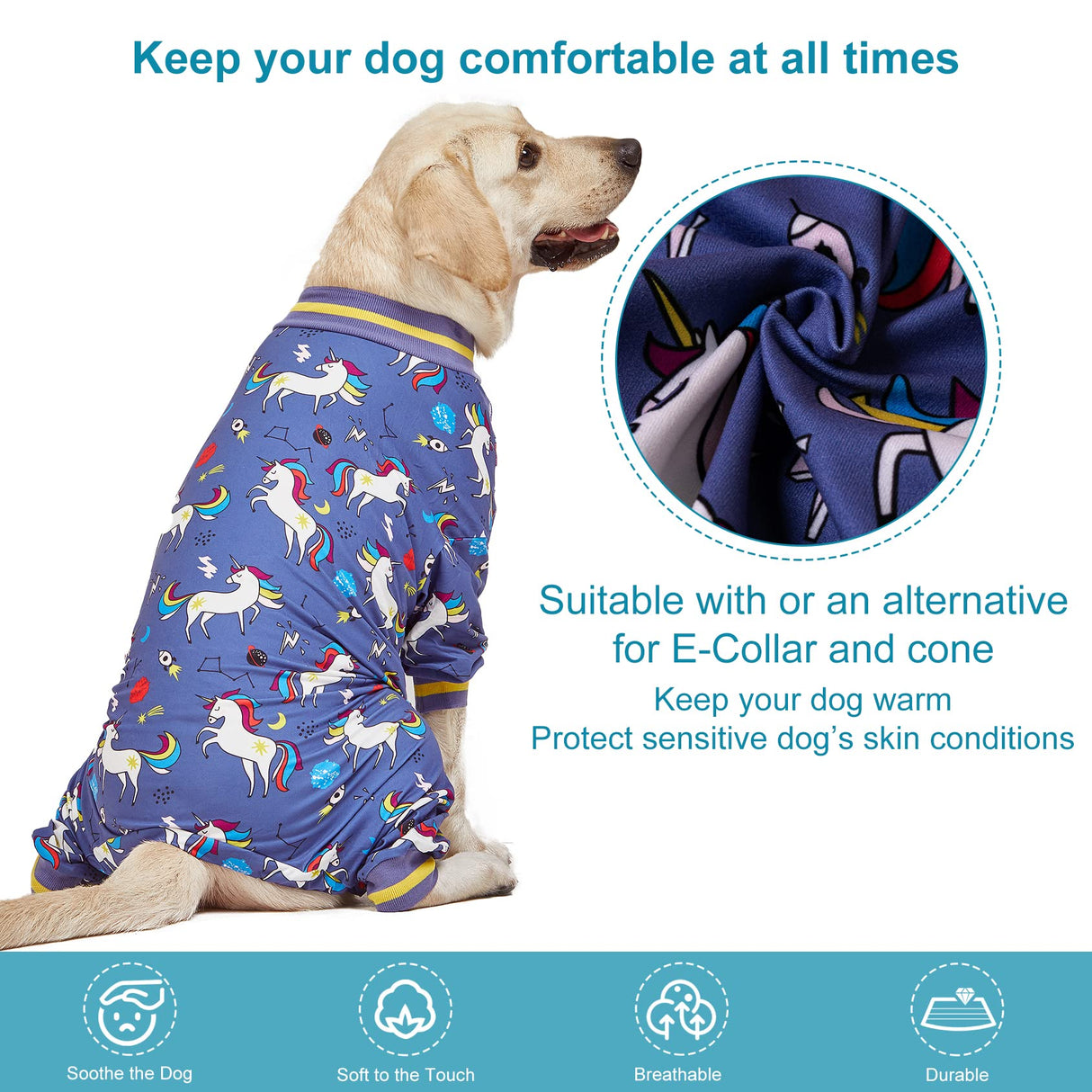 LovinPet Large Breed Dog Onesie Clothes, Slim Fit/Stretchy Knit, Unicorn Rocket Grey Print, Pet Anxiety Relief, Wound Care/Post Surgery Large Dog Shirt, UV Protection, Stop Shedding for Dogs, M