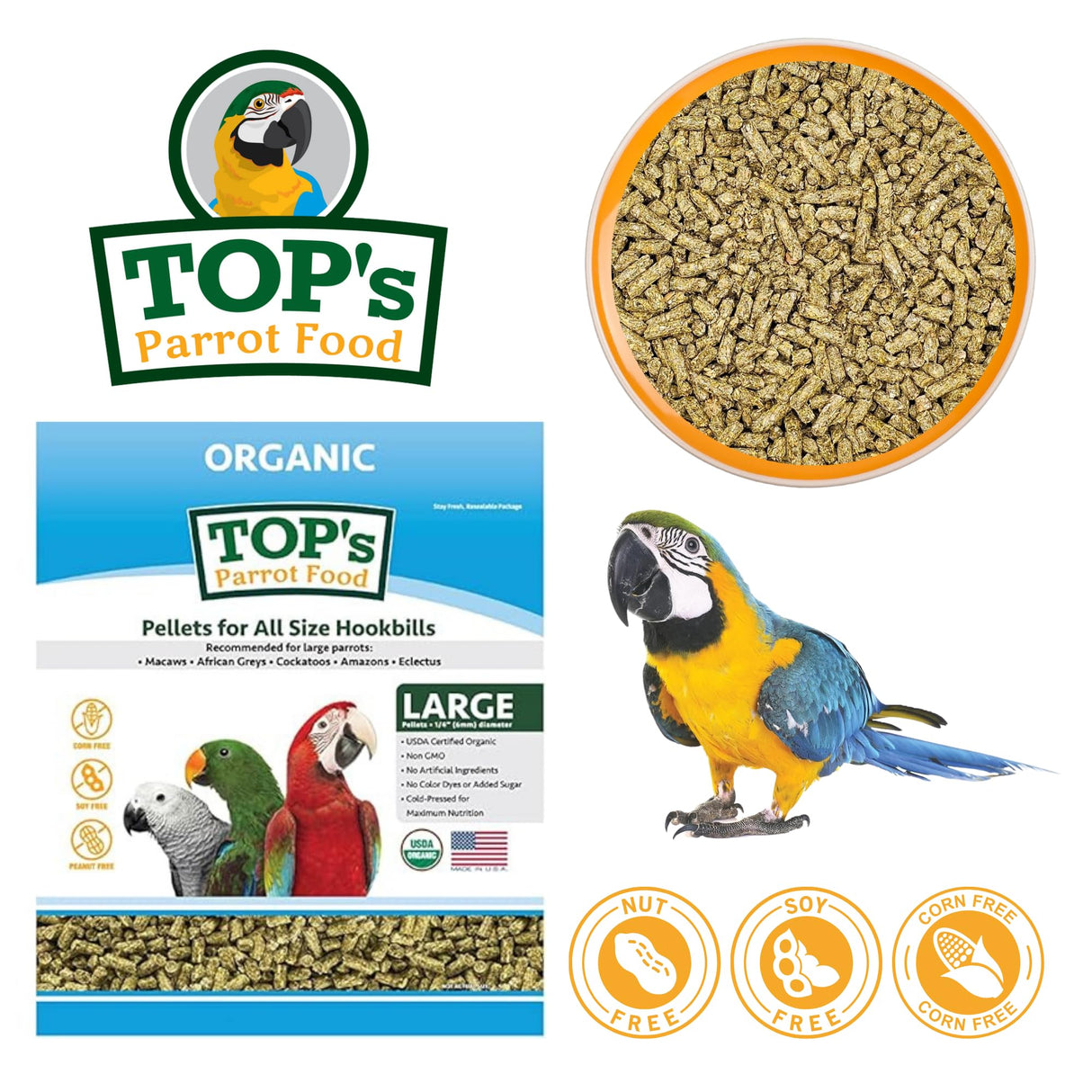 TOP's Parrot Food Pellets Hookbills, Small, Medium, Large Birds - Non-GMO, Peanut Soy & Corn Free, USDA Organic Certified - 1 lb / 453 g