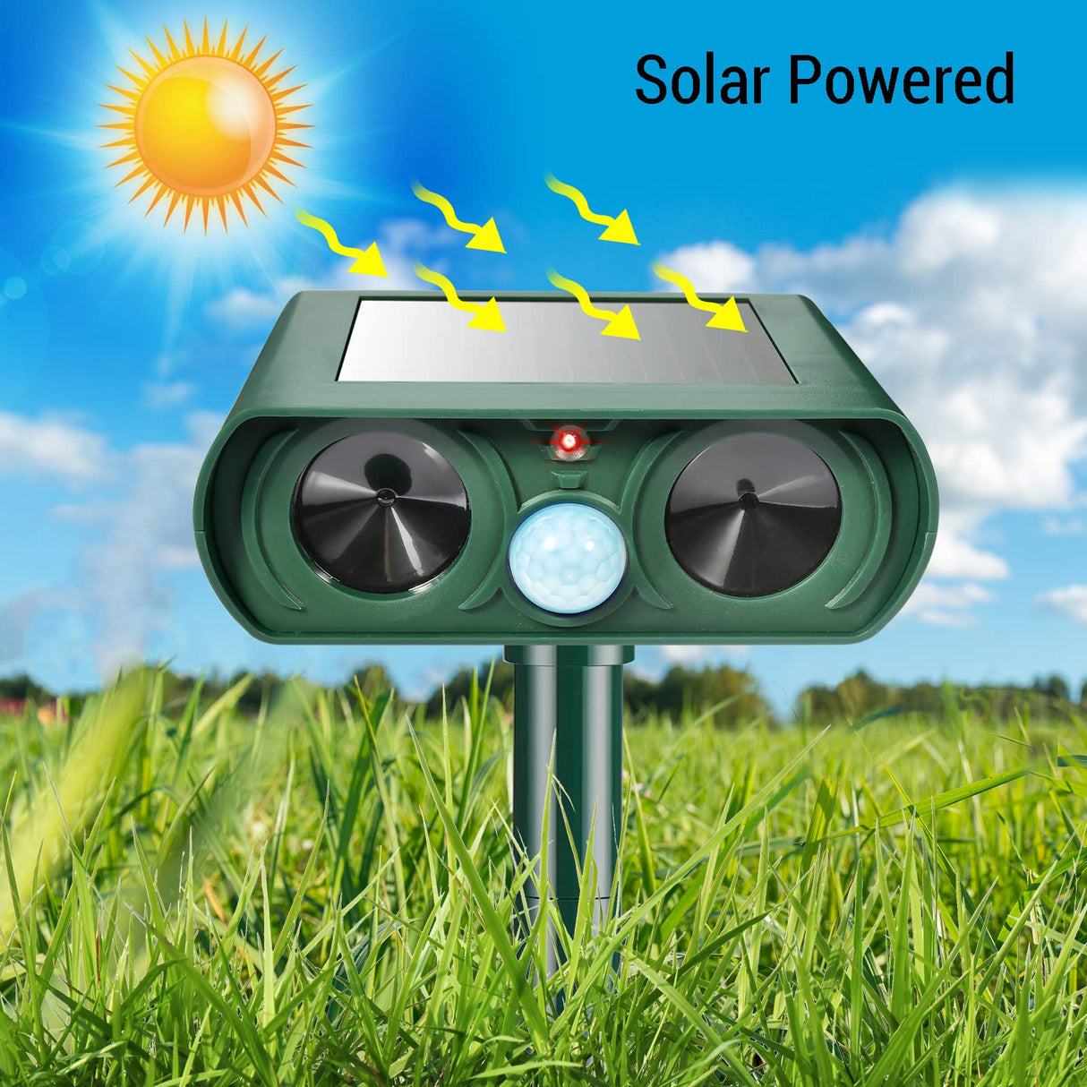 Gebatule 2 Pack Solar Ultrasonic Animal Repellent Repel Cat, Squirrel, Deer, Raccoon, Skunk, Rabbit, Rat, Dog, Waterproof with Motion Detector