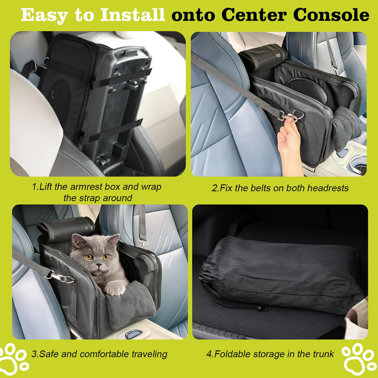 3 in 1 Cat Car Seat for Center Console – Portable Carrier for Shoulder Handle Car, Foldable Pet Armrest Booster Seat for Small Dogs & Cats (Up to 15lbs) | Puppy Seats with Cushion for Travel