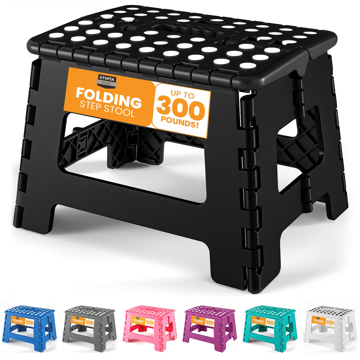 Folding Step Stool with Handle – 9 Inch Anti Slip Collapsible Stool – Holds Up to 300 lbs – Sturdy Plastic Step Stool Foldable for Kitchen, Bathroom and Home Use (1-Pack, Black)