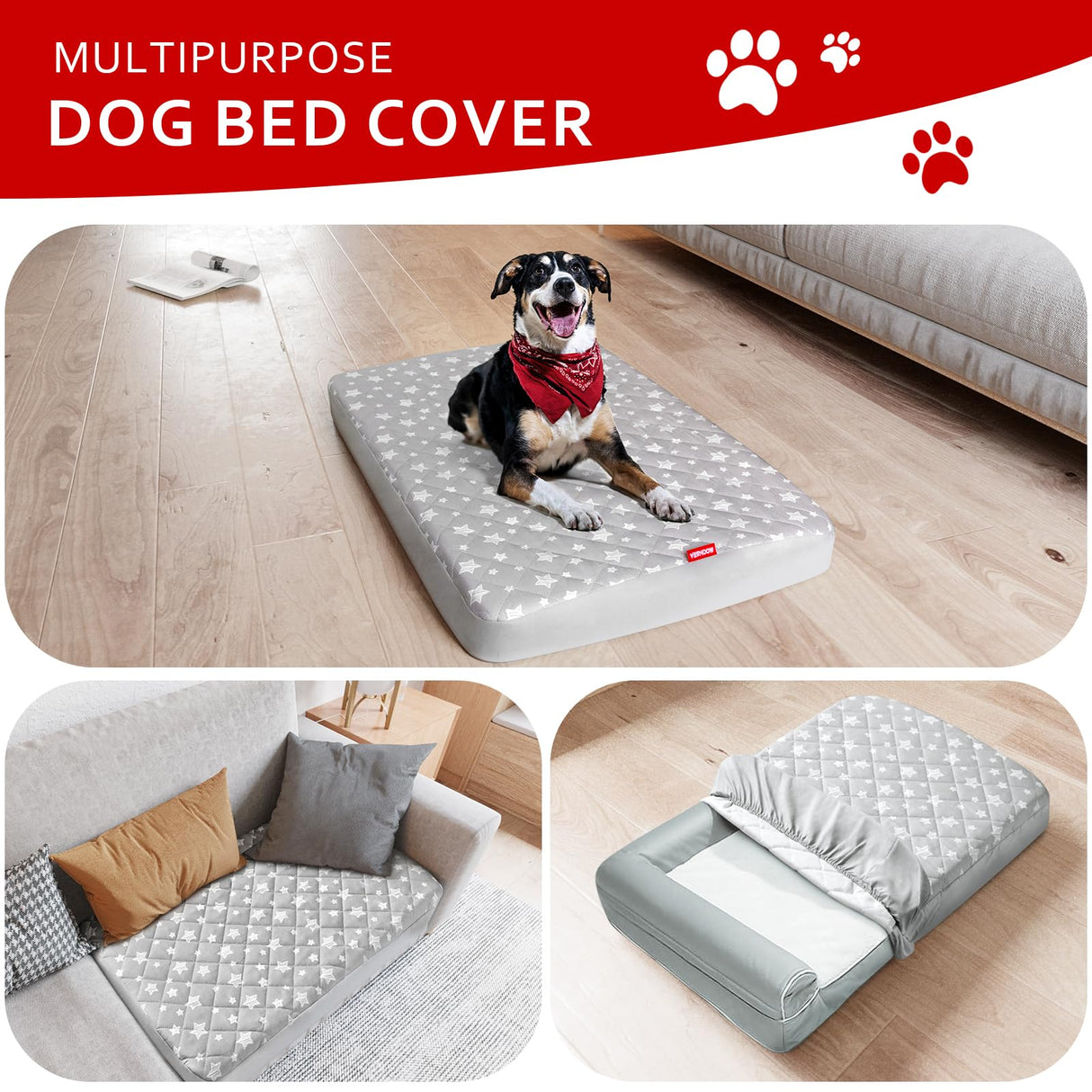 Waterproof Dog Bed Covers Replacement Washable Pet Hair Easy to Remove, Noiseless Quilted Puppy Pet Bed Cover Lovely Grey Star Print 35x44 Inches, for Dog/Cat, Cover Only