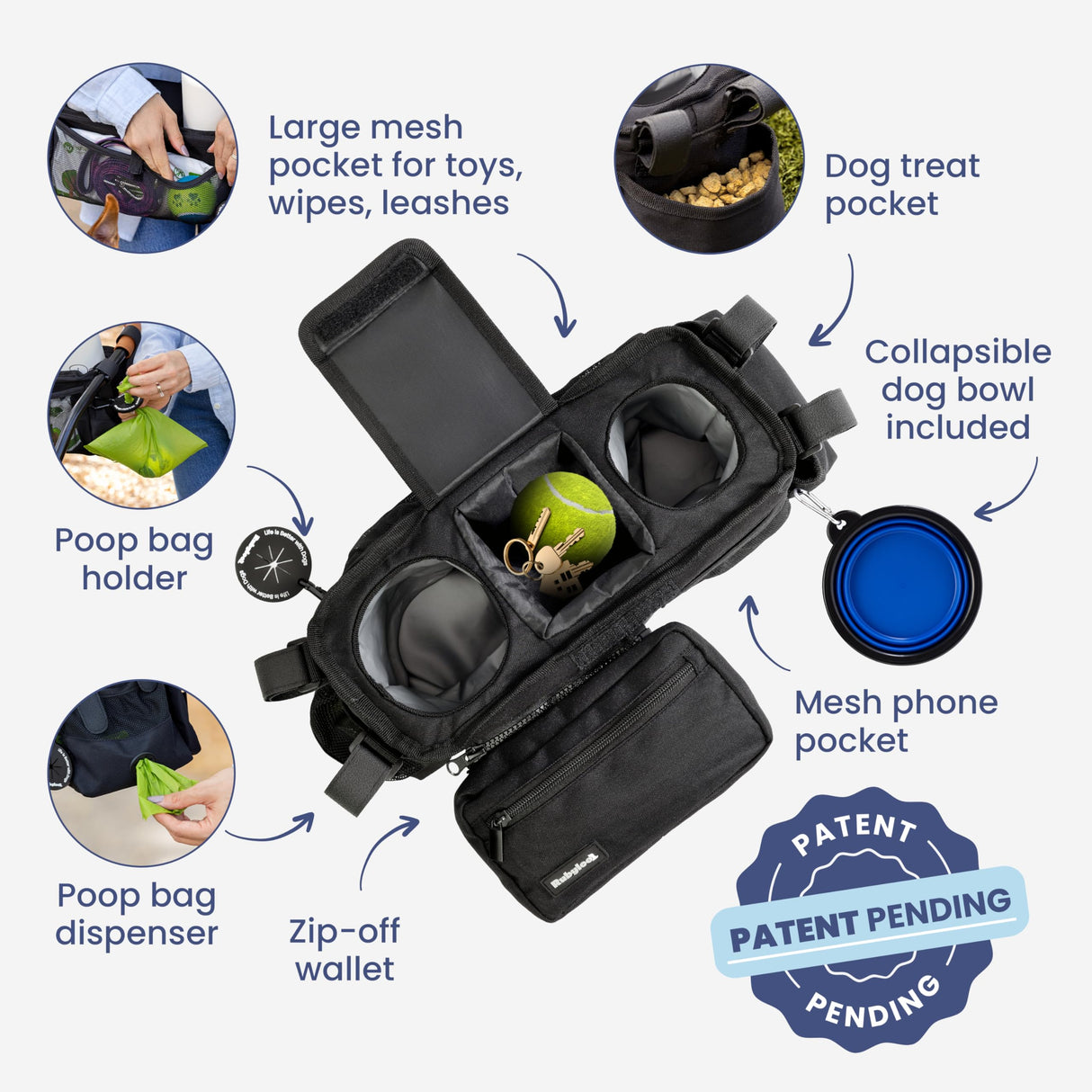 rubyloo Dog Stroller Caddy Organizer with Poop Bag Dispenser, Treat Pocket, Water Bowl – Dog Stroller Accessories with Insulated Cup Holders, Pet Storage & Non-Slip Fit for 14"-19" Wide Handlebars