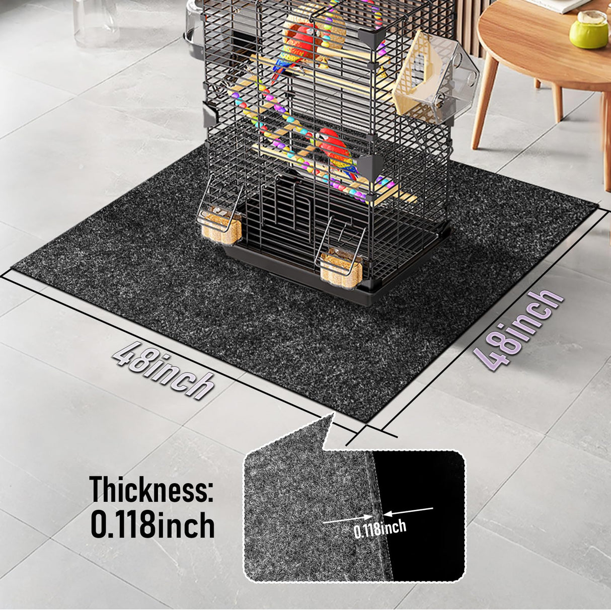 Wibeelee 48 x 48 Inch Large Felt Bird Cage Mat, 3mm Thick Absorbent Felt Surface with Non-Slip Backing, Durable Under Pet Cage Mat for Bird Cages Tear-Resistant & Water-Absorbing Pad