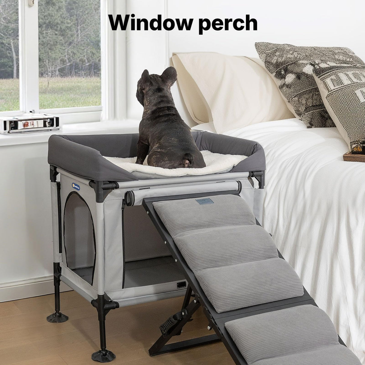 Veehoo Dog Bunk Bed, Dog Beds Attachment to Human Bed, Bedside Dogs Cot for Small, Medium Cats & Dogs, Pet Window Perch, Grey