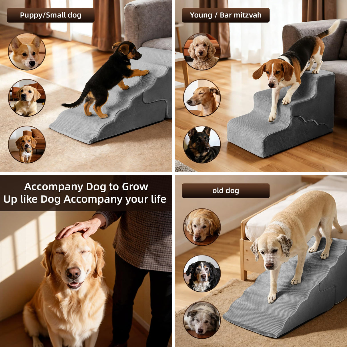 Pet Dog Stairs for Small Dogs, 2 in 1 Transformable 3-Step Pet Stairs and Wave Anti-Fall Slope for Short Legs and Long Legs Dog, for Couch (12-19 in) with Durable Non-Slip Waterproof Cover(Grey)