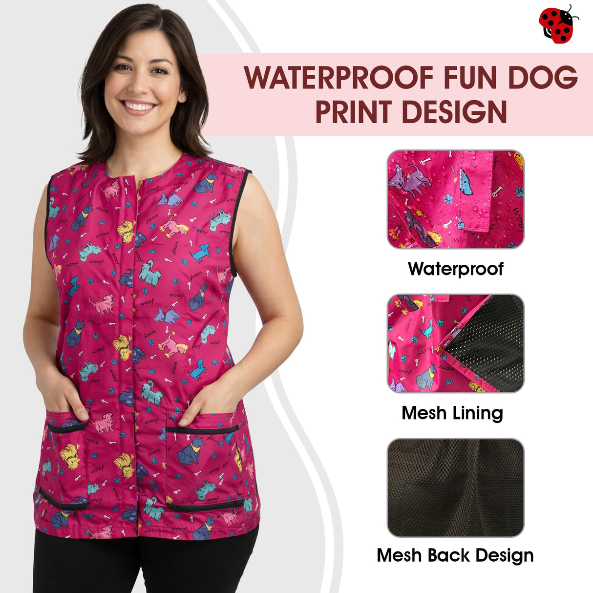 Ladybird Line 711 Pink Dog Design Waterproof Pet Grooming Vest, Hair and Bleach Resistant, Covered Zipper Panel, Mesh Back, Adjustable Back Tie Belt, 2 Front Pockets, Pet Groomers and Vet Clinics-3XL