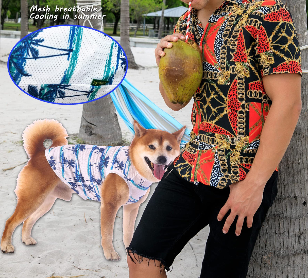 Sychien Hawaiian Dog Shirts,Quick Dry Summer Cooling Mesh Coconut Printing T-Shirt for Large Dogs,Blue+Yellow XL