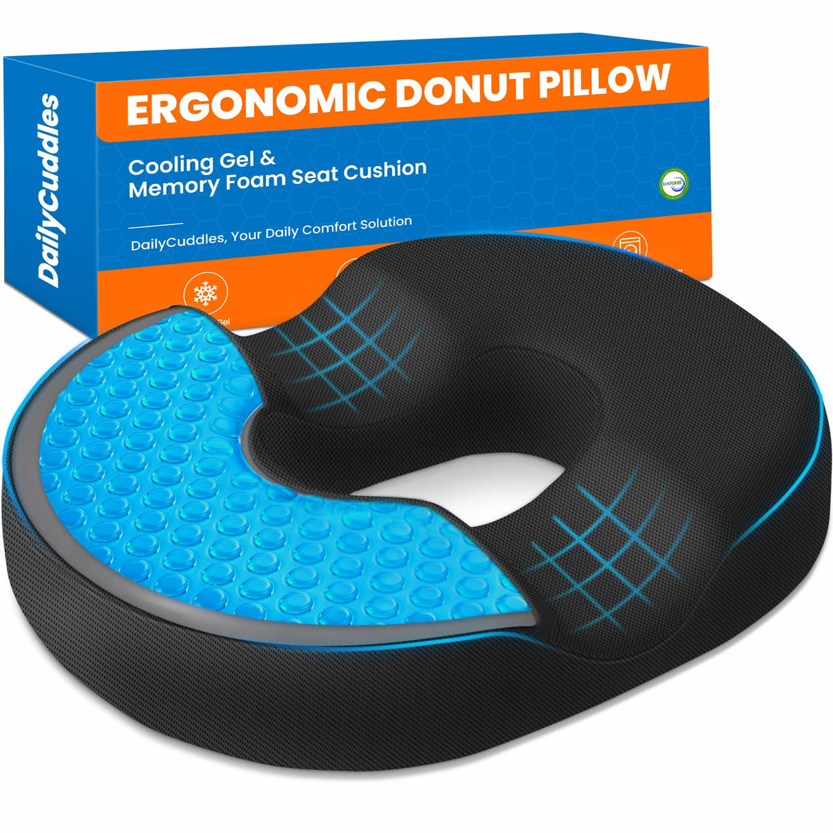 DailyCuddles Donut Pillow for Tailbone Pain, Hemorrhoids - Cooling Gel Memory Foam Chair Seat Cushion for Office, Home & Wheelchair, Ergonomic Chair Pad for Pregnancy, Sciatica, Coccyx (Large, Black)