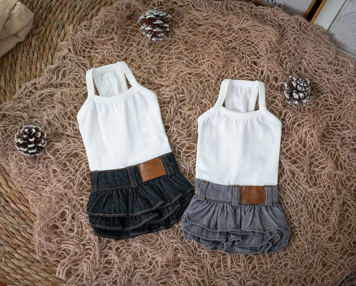 TaniWina Pet Costume Cotton Bottoming Denim Cake Skirt pet Clothes for Small Dogs (Black White Base, M)