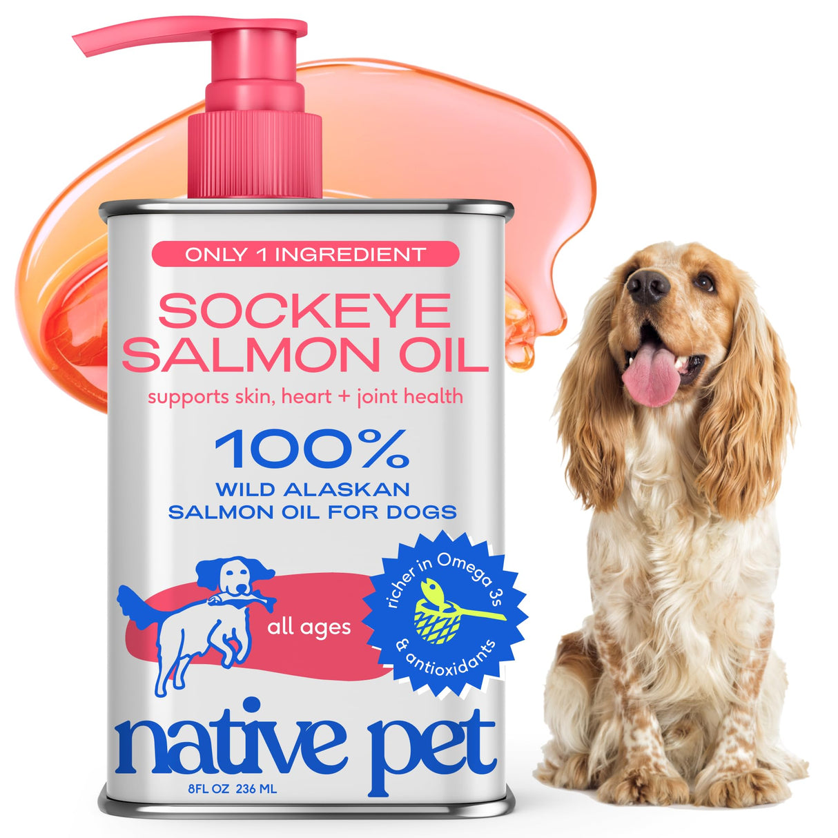 Native Pet Salmon Oil for Dogs & Cats – Pure Omega-3 Fish Oil for Dogs Supplement for Skin & Coat, Joint & Heart Health - Dog Anti-Inflammatory – 100% Wild-Caught Alaskan Sockeye Salmon – 8 oz