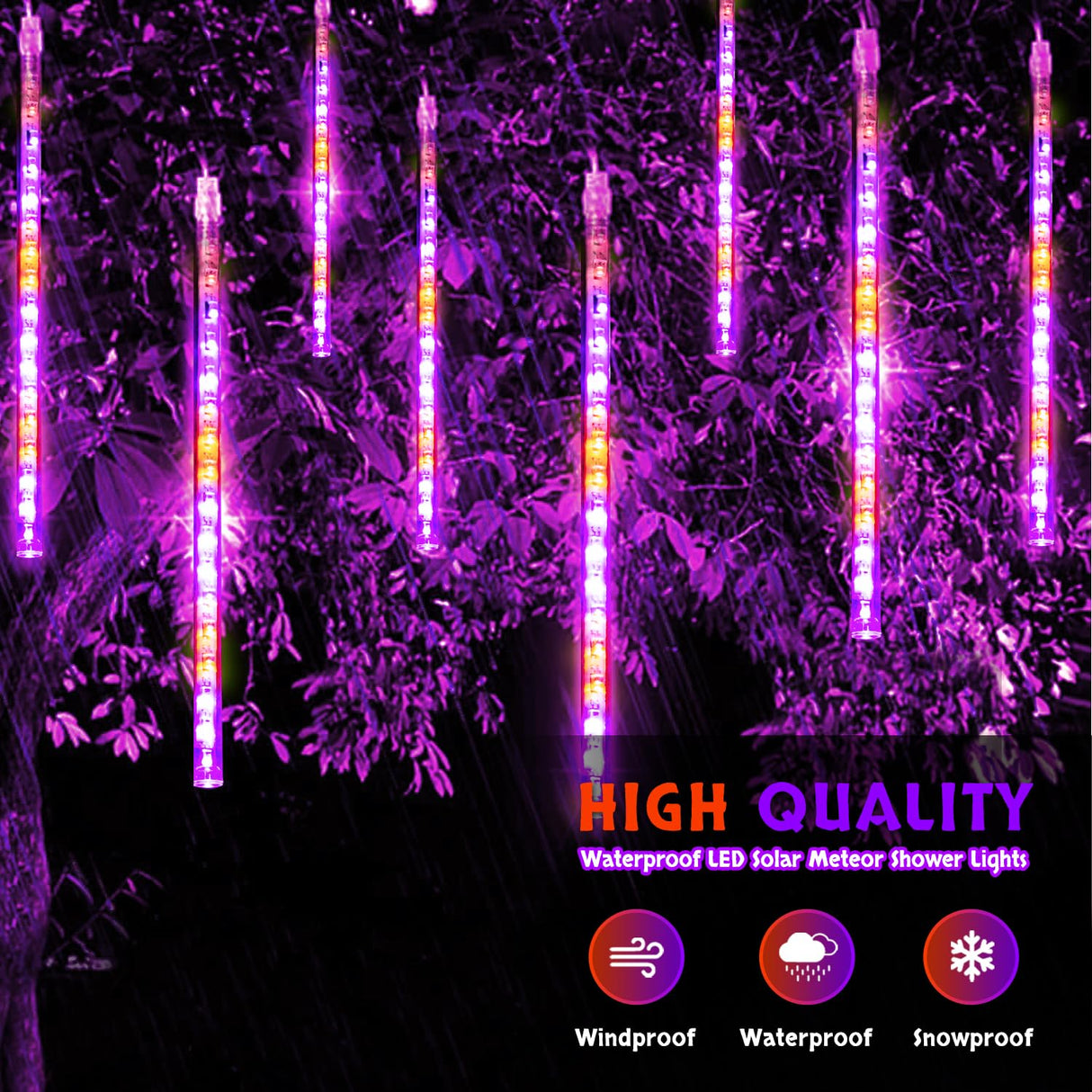 JMEXSUSS Orange and Purple Solar Halloween Lights Outdoor, 8 Tube 144 LEDs Solar Meteor Shower Rain Lights for Halloween Tree Yard Party Patio Christmas Decoration