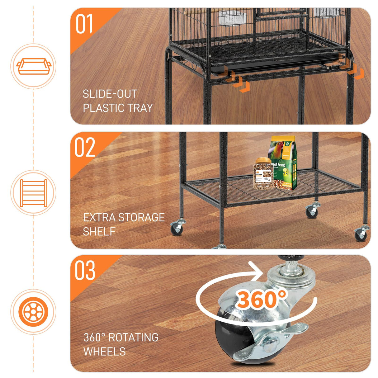VINGLI Bird Cage with Wheels, Durable Wrought Iron Parakeet Cage with Slide Out Tray, Black Bird Cages for Parakeets/Lovebird/Cockatiels/Budgies and Other Small/Medium Birds (Large-53 inch)