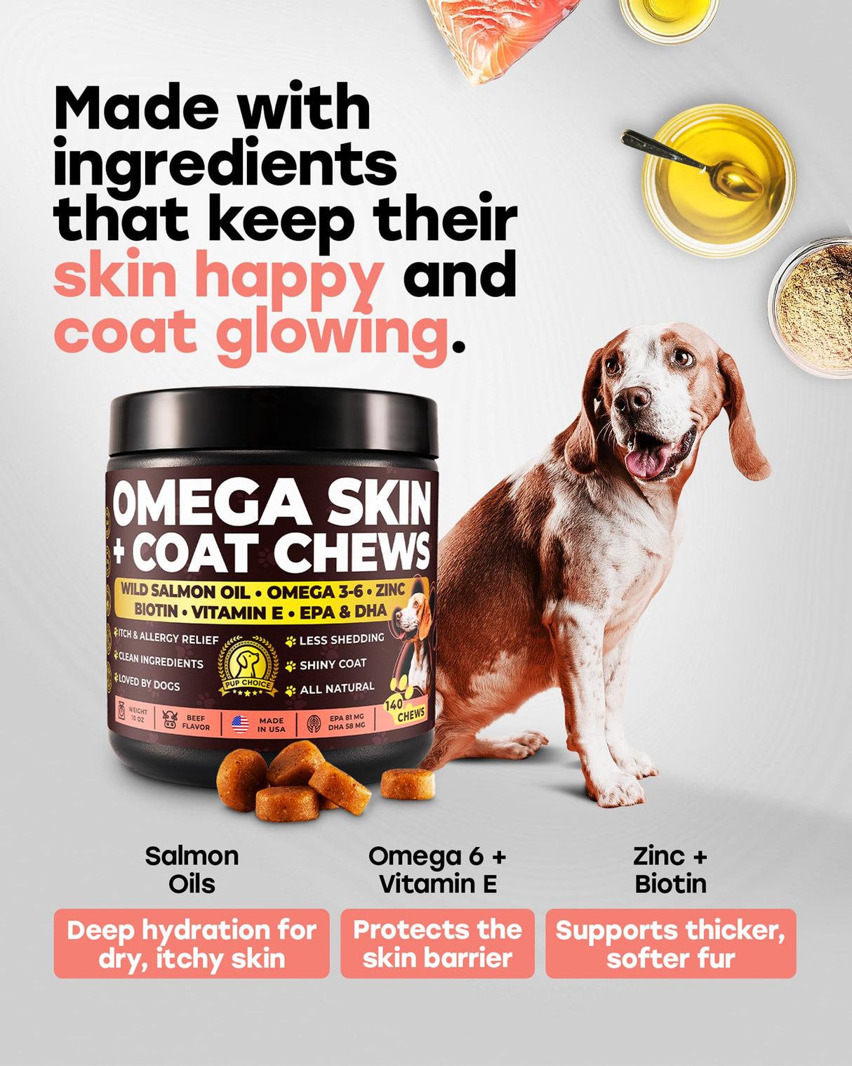 Pup Choice Omega 3 & 6 Dog Skin & Coat Chews – Wild Salmon Oil, Biotin, Zinc & Vitamin E – Supports Dry Itchy Skin, Shedding & Healthy Coat – PhD-Endorsed, Made in USA, 140 Chews, Salmon Flavor