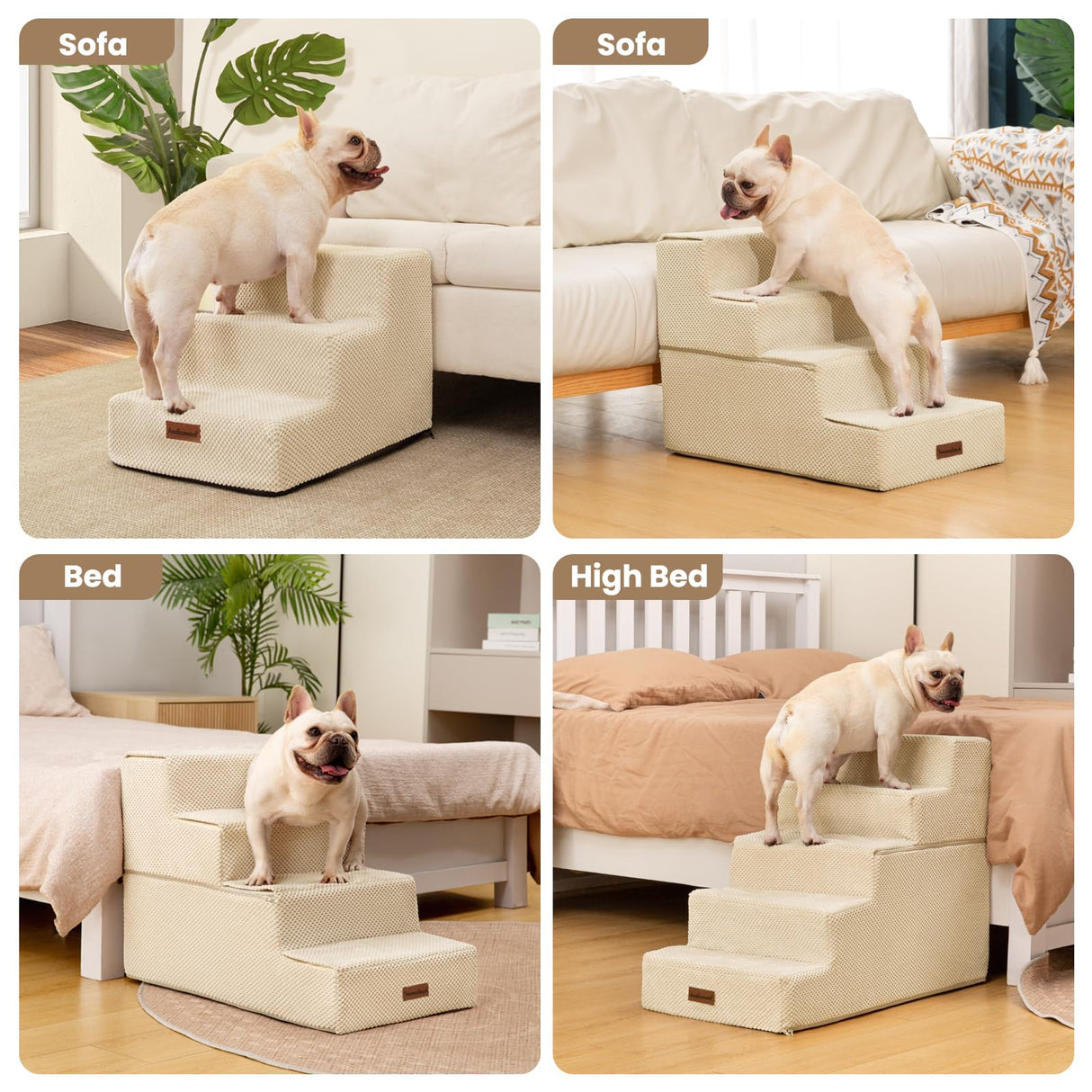 Aodisman Dog Stairs for Bed 18.5" H, 4-Step Dog Steps for Small Dogs and Cats, Indoor Non-Slip Balanced Pet Stairs are Suitable for Puppy, Older Cat,Beige