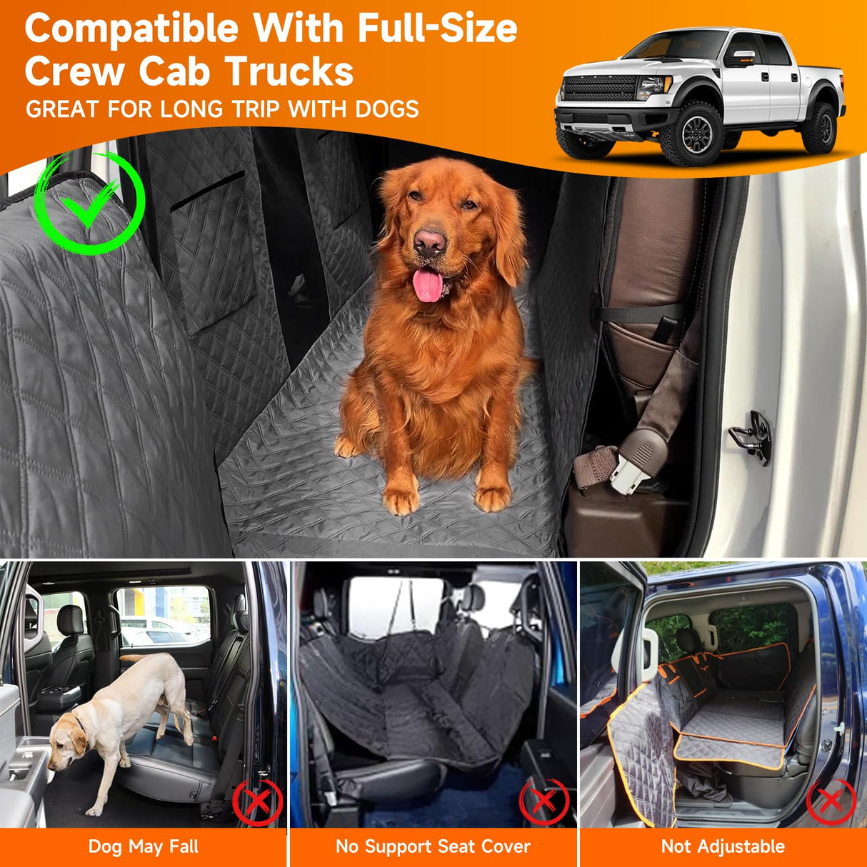 Sanqitara XL Dog Truck Seat Cover with Car Door Protector, for Trucks with Flip Up Rear Seats, Waterproof Full Coverage Dog Seat Cover for Full Size Crew Cab Trucks F150 F250
