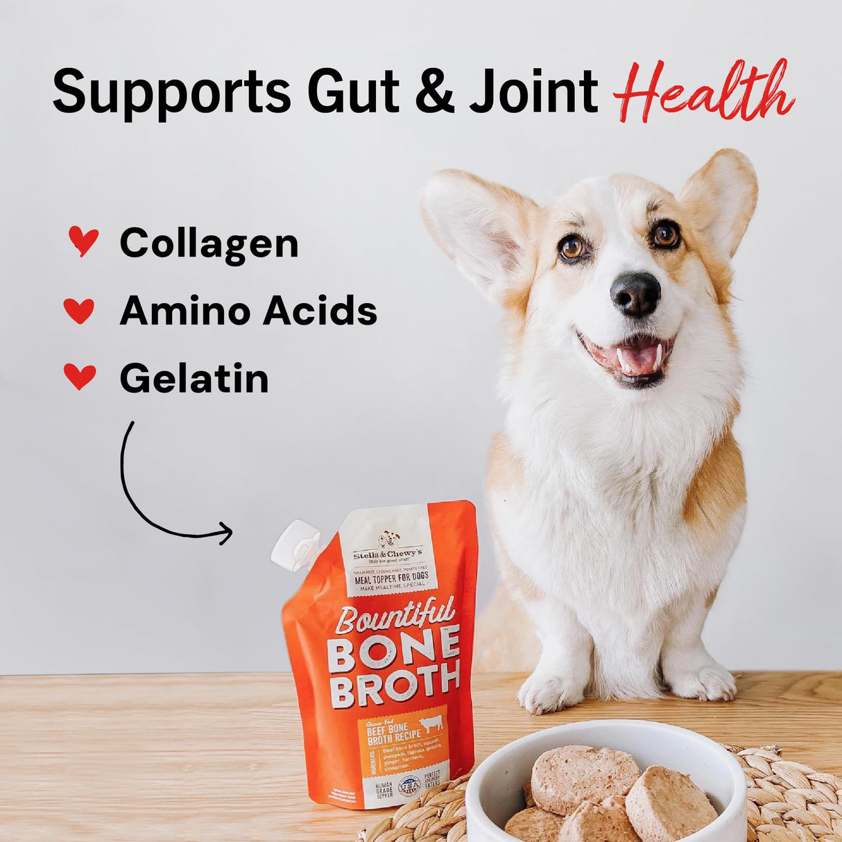 Stella & Chewy's Human-Grade Grass-Fed Beef Bone Broth for Dogs - Joint & Gut Health Liquid Food Topper with Collagen & Turmeric, 16 Fl Oz Resealable Pouch (Pack of 6)