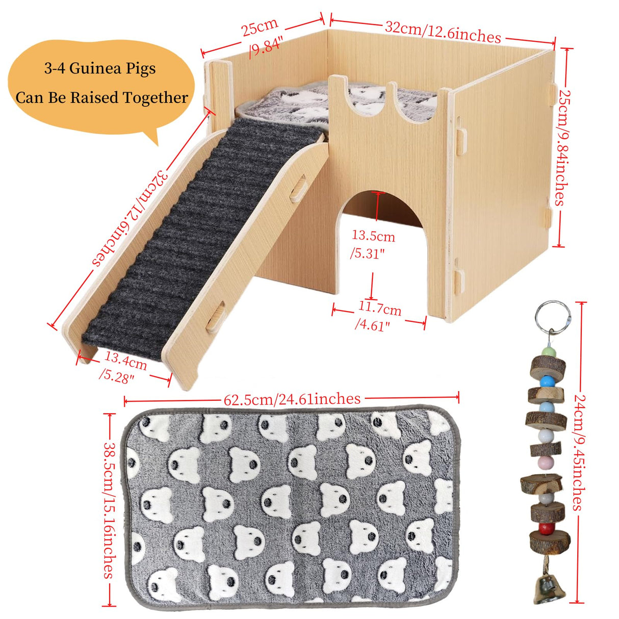 Guinea Pig Hideout, Small Animals House with | Mat Ramp | Cave | Blanket | Toy |, Wooden Detachable Castle for Guinea Pig Cages Accessories, Bed Hut Habitats for Hamster Bunny Playing Sleeping Hiding