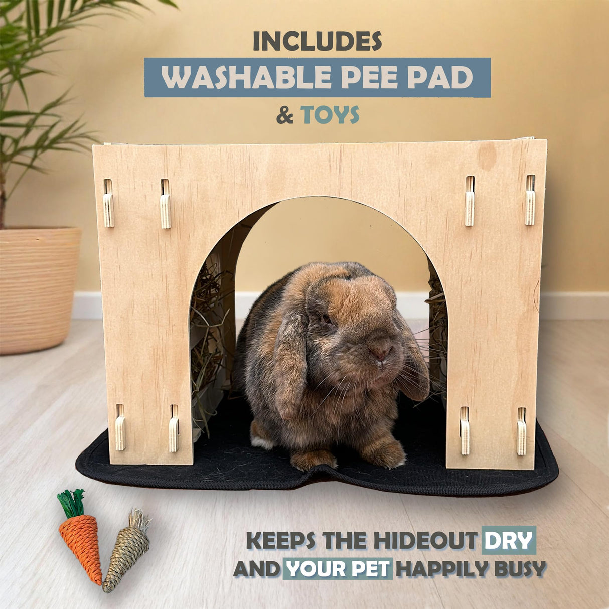 Kiwi&Mora Bunny House Hideout – Rabbit Hideout for Bunnies, Guinea Pigs & Other Pets | Large Indoor Wooden Tunnel Bed with Hay Feeder, Enrichment Toys & Accessories – Easy to Assemble & Clean