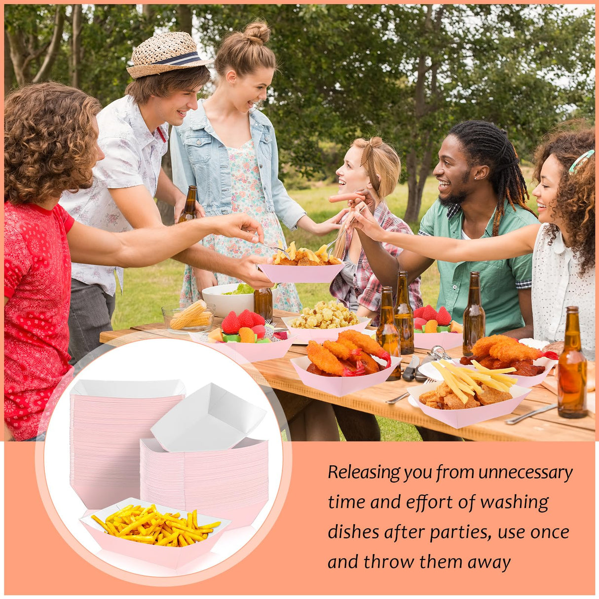 Yinkin 100 Pcs 2lb Paper Food Trays Boat 2lb Disposable Nacho Trays Kraft Paper Boat for Tacos Concession Halloween Christmas Party Supplies (Light Pink)